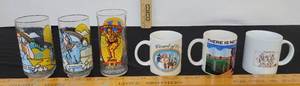 lot 222 image: 3- Dorothy & Toto, Scarecrow and Lion drinking glasses, 3- Wizard Of Oz Mugs