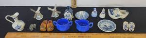 lot 255 image: Delft Pitcher, 2-Delft Windmills, Miniature Wooden Crocs, SugarCreamer Bowls And More Blue Delft Decor