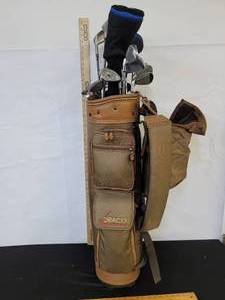 lot 271 image: Golf club caddy, golf clubs, golf balls and tees