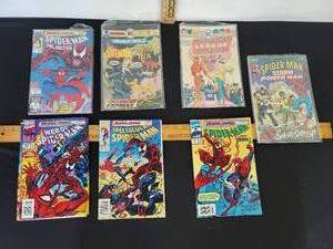 lot 415 image: 5- Spiderman, 1-Batman, 1- Justice League Vintage Comic Books- See Titles And Authors In Pictures