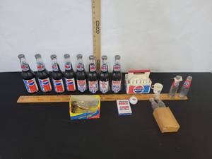 lot 436 image: Bottles Of Full Pepsis, Plastic Six-Pack Carrier, Pepsi-Cola Salt&Pepper Shakers And More