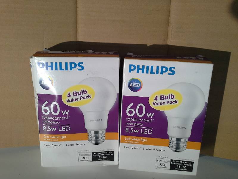 lot 6129 image: Philips LED 60 Watt 4 pack Soft White Light Bulbs - 2 four packs