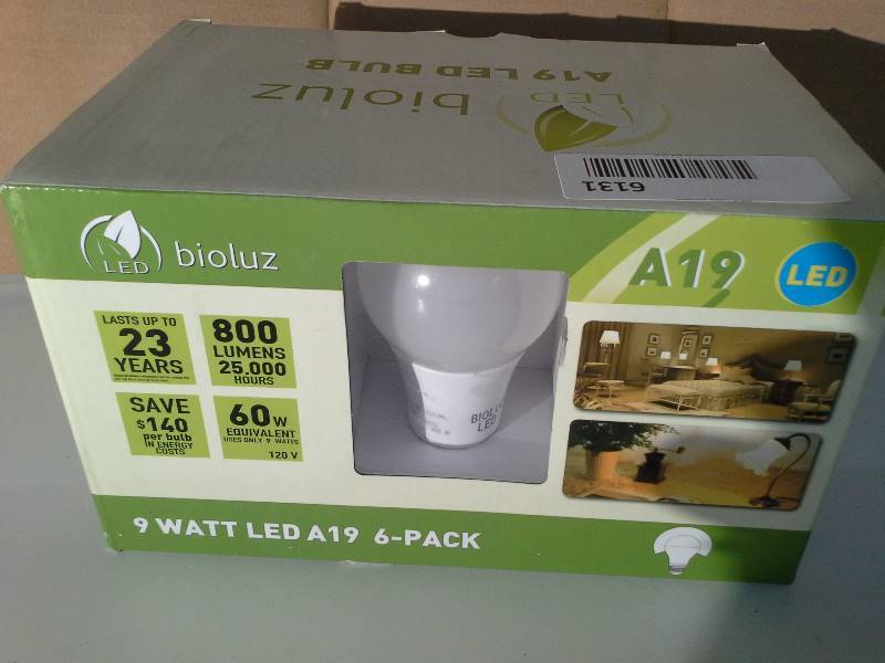 lot 6131 image: 6 Pack Bioluz LED&trade Instant On A19 LED Bulbs, 9 watt (60 Watt Equivalent) ECO Series Warm White (2700K) 800 Lumen LED Light Bulbs UL Listed Pack of 6