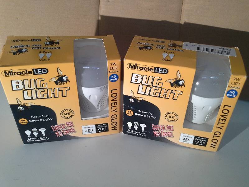 lot 6132 image: Miracle LED Lovely Glow Yellow LED Bug Light Bulb, Porch  Patio  Entry Way Outdoor Chemical Free Pest Control, Save Money - Replace 40W  60W  75W  100W, 2-Pack (606014) 2 packs of 2.