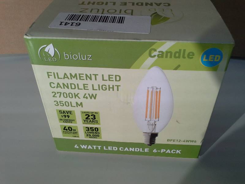 lot 6141 image: 6-pack Bioluz LED&trade Filament Candelabra Clear LED Bulbs, E12 Base, C37 High Efficiency, 360 LED Candle Bulbs, Pack of 6