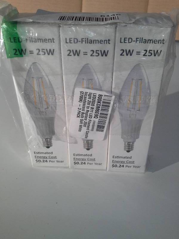 lot 6146 image: LED2020 B11 LED Filament Candle light 2W to Replace 25W Incandescent Bulb Soft White (2700K) - 3 PACK