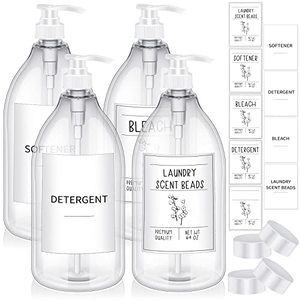 lot 1720 image: 4 Pcs Laundry Detergent Container 64 oz Softener Liquid Pump Bottle Dispenser with Lids and 36 Labels for Laundry Room Fabric PET Plastic Laundry Soap Dispenser (White)