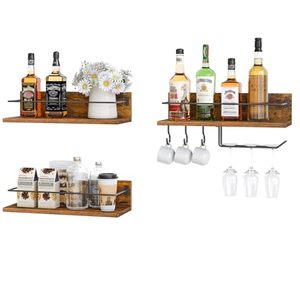 lot 2914 image: HOOBRO Wall Mounted Wine Rack 3 Pack, Wine Shelf Hanging Floating Wall Shelves, Wine Glass Bottle Rack Stemware Holder, for Living Room, Dining Room, Kitchen, Rustic Brown and Black BF33BJ01