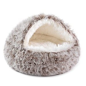 lot 2918 image: NOYAL Dog Bed Round Hooded Plush Cat Cave Donut Anti Anxiety Fluffy Dog Bed for Small Medium Dog and Cat