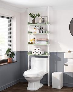 lot 3121 image: ALLZONE Over The Toilet Storage, Adjustable Wood Over Toilet Bathroom Organizer, Floor to Ceiling Space Saver Rack Behind Toilet, 92 to 116 Inch Tall, White Green