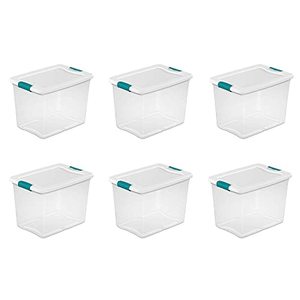 lot 3129 image: Sterilite 25 Qt Latching Storage Box, Stackable Bin with Latch Lid, Plastic Container to Organize Closet Shelf, Clear with White Lid, 4-Pack (good condition)