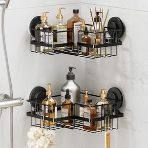 lot 3130 image: LEVERLOC Corner Shower Caddy Suction Cup with Hooks 2 Pack No-Drilling Rotating Removable Shower Caddy Basket, Stainless Steel Shower Shelves,Rustproof Organizer for Bathroom Storage,Black