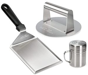 lot 3131 image: HULISEN Smashed Burger Kit, Stainless Steel Burger Press, Grill Spatula and Spice Dredge Shaker - Burger Smasher Griddle Accessories Kit for Flat Top Griddle Grill Cooking, Gift Package