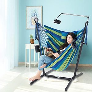 lot 3140 image: Hammock Chair with Stand Adjustable Swing Chair with Phone Stand Cup Holder Includes Double Hanging Chair Flow Bohemian Hand Indoor Outdoor Patio Garden Yard 420 lb Capacity (Blue-Green)