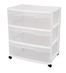 Sterilite 29308001 3-Drawer Wide Cart with See-Through Drawers and Black Casters, White