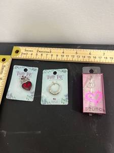 lot 1022 image: Scunci Dangle Initial Rhinestone Bobby Pin, Letter P, Heart Pendant, Sterling Silver Ant Mariposa Ring Size 8