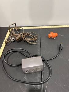 lot 1063 image: Bundle of Extension Cords & 3 Way Plug Adapter (Brown Cord 14 Feet) (Black Cord 6 Feet)