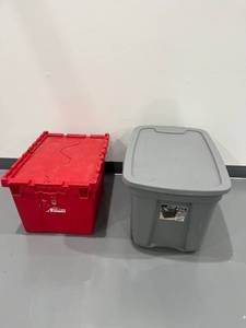 lot 1111 image: Bundle of 2 Storage Totes (20 Gallon Tote Does Have a Dent on the Bottom Side)