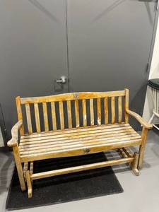 lot 1119 image: Solid Wood Rocking Bench (Needs Some TLC)