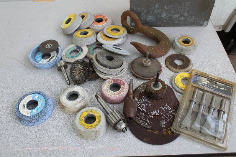 lot 4372 image: Assorted Grinding  Sanding Stones, Abrasives, Chisels, Hook, Jacobs Chuck - See Photos for contents