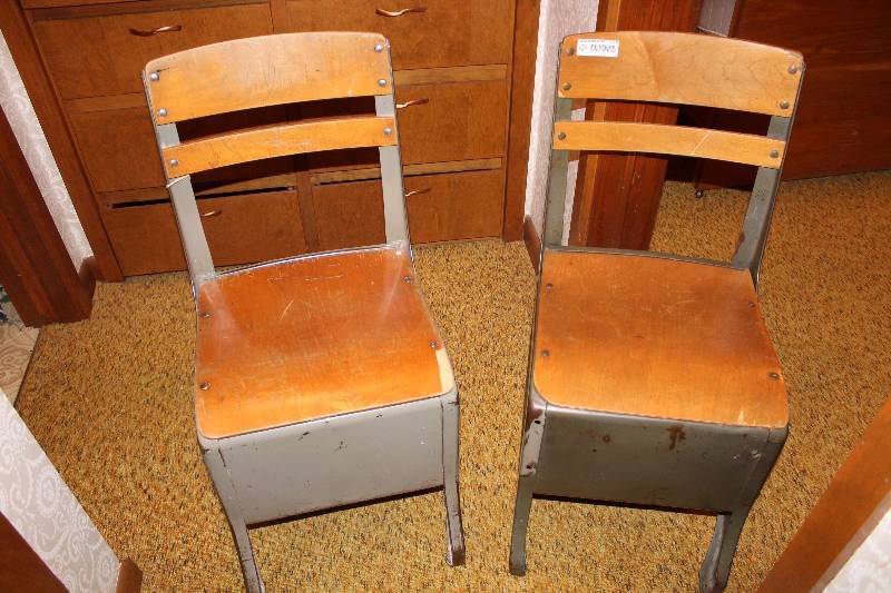 lot 4414 image: Lot of 2 school chairs - w book storage under chair - WOW