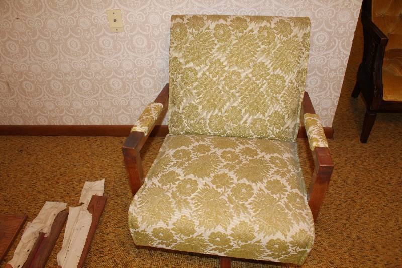 lot 4451 image: Retro Upholstered Swivel Rocker - Wood base and arms - WOW