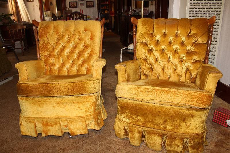 lot 4480 image: Pair of Swivel Rockers - Great Golden Velvet w Wood Accents