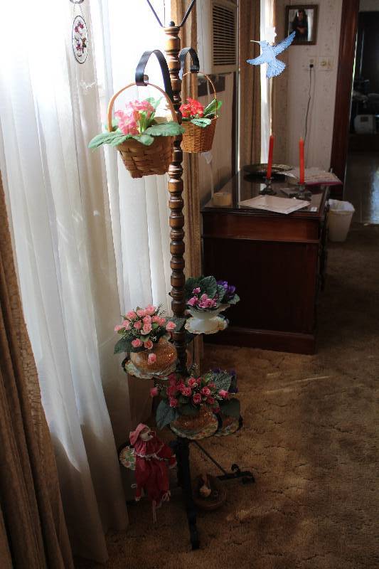 lot 4495 image: Wood and Metal Plant Stand - Includes Faux Flowers and Baskets