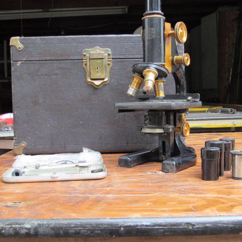 lot 6000 image: Microscope - Spencer Buffalo w 5 lenses and accessory kit - in nice wooden case - see photos