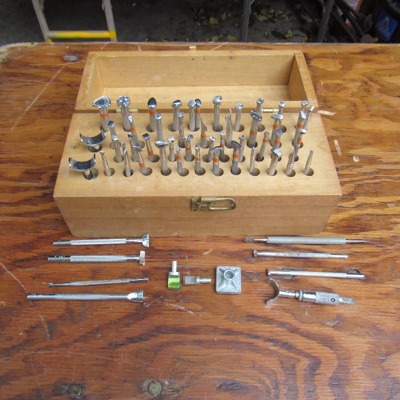 lot 6002 image: Leather Working Tools in a Wooden Box -  over 40 pieces