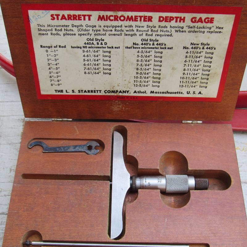 lot 6038 image: Starret Micrometer Depth Gauge in wooden box - appears to be complete