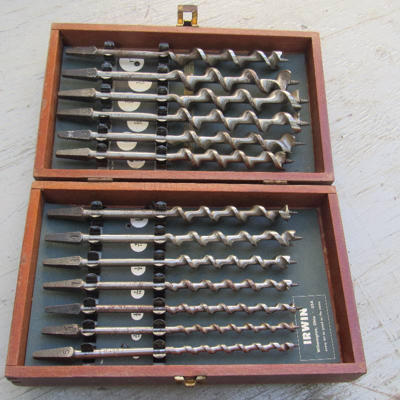 lot 6061 image: Vintage 1950s Irwin Auger Bit Set 13 Bits IN ORIGINAL Wood BOX Irwin Tools USA