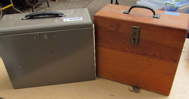 lot 6087 image: 2 boxes - Metal File Box w Keys and Wooden Box w handle