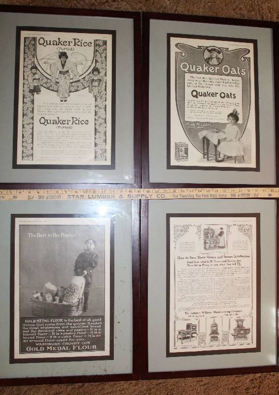 lot 4733 image: Lot of 4 Vintage Framed Ads from Ladies Home Journal Quaker Rice, Quaker Oats, Gold Medal Flour & Lattimer-Williams Stoves