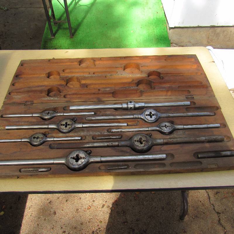 lot 4673 image: Tap and Die Set in a wooden box (missing taps but dies are complete) Champion Blower & Forger Company, Lancaster, PA - case is in poor condition
