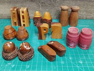 lot 5004 image: Lot Of 8 Wooden Handmade Salt And Pepper Shaker Pairs - Barrel, Shoes And More