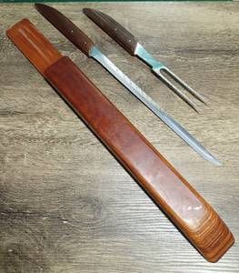 lot 5006 image: Vintage Pakkawood Shur-Edge FrozenHeat Carving Knife Blade, Shredding Fork Set WWood Holder