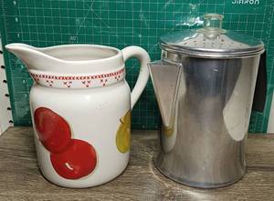 lot 5008 image: Lot Of Mirro Metal Stovetop Coffee Pot And A Hallmark Jan Karon Mitford Series Ceramic Apple Pitcher