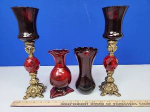 lot 319 image: Lot of 4 Ruby Red Glassware Pieces - Includes 2 Vintage Candlesticks w Italian Glass Shades Ornate Candle Holders w Ruby Red Lucite Gems