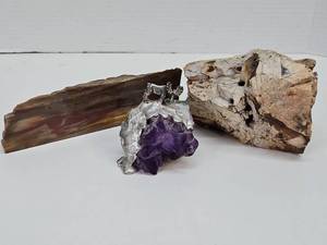 lot 357 image: lot of 3 Petrified Wood, Druzy Rock & Amethyst Stone