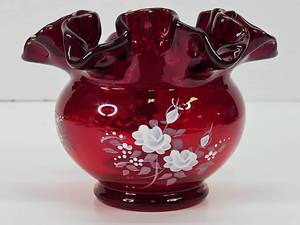 lot 361 image: Fenton Ruby Red Ruffled Edge Rose Bowl Vase Hand Painted White Roses