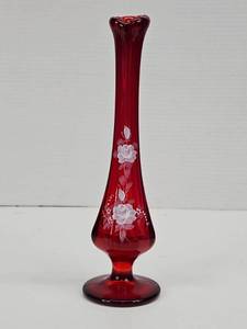 lot 362 image: Fenton Ruby Red Swung Bud Vase Hand Painted White Roses 8.5