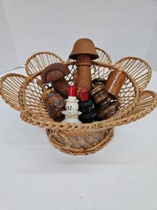 lot 381 image: Basket of Wood Salt & Pepper Shakers and Candle Holders