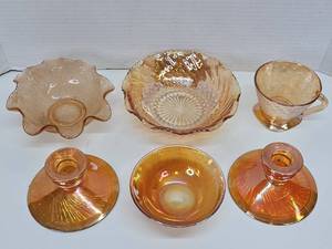 lot 388 image: 6 Piece Marigold Carnival Glass Bowls Cup & Candle Holders