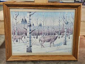 lot 393 image: Vintage White Tail Deer in Snow 14x 18 Framed Print