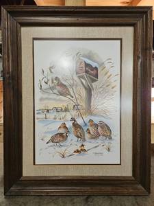 lot 395 image: Signed Patrick J. Costello Quail and Mailbox 28.5 x 22.5 Framed Print