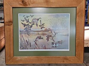 lot 396 image: 1977 Signed Patrick J. Costello Ducks on Pond 29.5 x 36 Framed Print