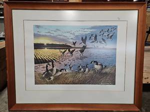 lot 397 image: Signed 1978 Patrick J. Costello Canadian Geese in Field 30 x 37 Framed Print