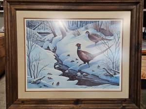 lot 398 image: Signed 1980 Patrick J Costello Pheasants in Snow 37 x 32 Framed Print
