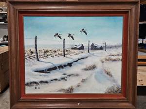lot 400 image: Signed Hull Geese in Snowy Field 32 x 38 Framed Oil Painting
